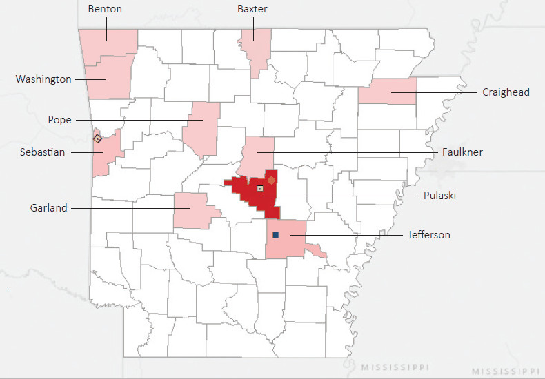 Map presenting top defense personnel spending locations within the state of Arkansas with an overlay showing the positions of key military installations differentiated by service and active/reserve affiliation.