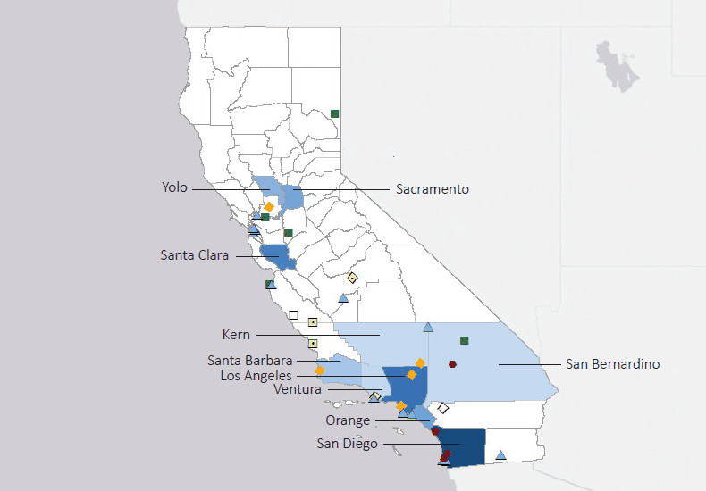 Map presenting top defense contract spending locations within the state of California with an overlay showing the positions of key military installations differentiated by service and active/reserve affiliation.