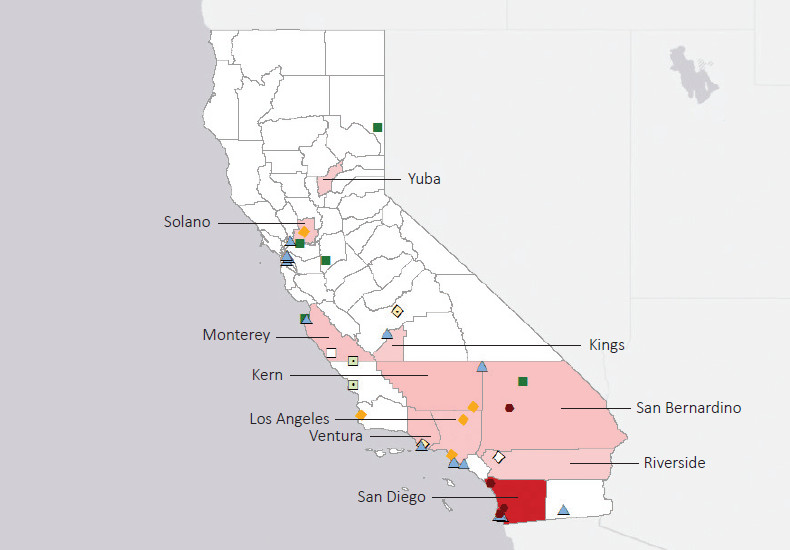 Map presenting top defense personnel spending locations within the state of California with an overlay showing the positions of key military installations differentiated by service and active/reserve affiliation.