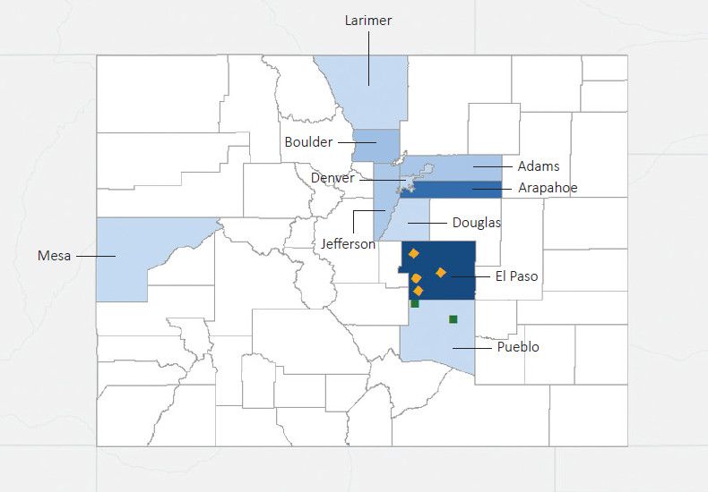 Map presenting top defense contract spending locations within the state of Colorado with an overlay showing the positions of key military installations differentiated by service and active/reserve affiliation.