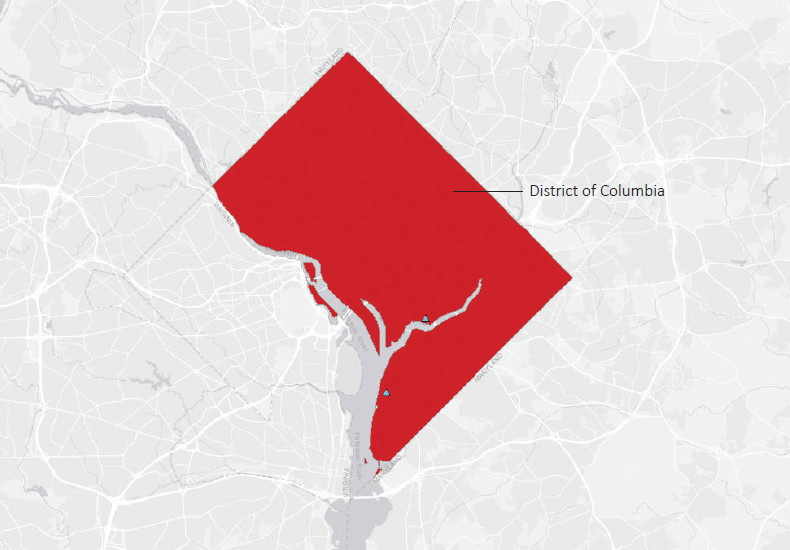 Map presenting top defense personnel spending locations within the District Of Columbia with an overlay showing the positions of key military installations differentiated by service and active/reserve affiliation.