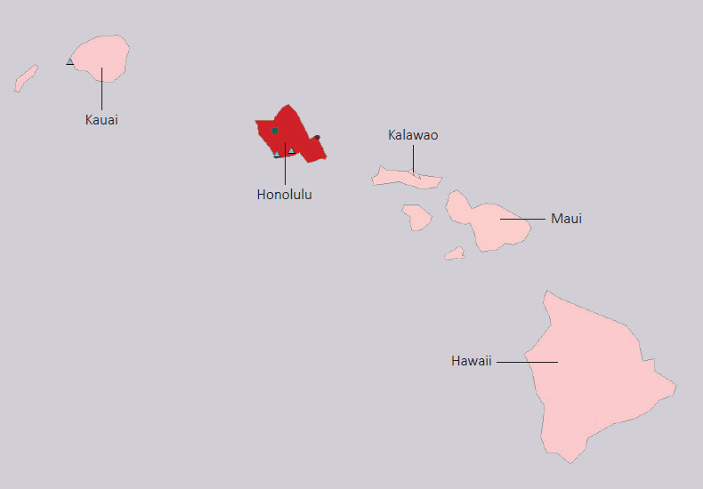 Map presenting top defense personnel spending locations within the state of Hawaii with an overlay showing the positions of key military installations differentiated by service and active/reserve affiliation.