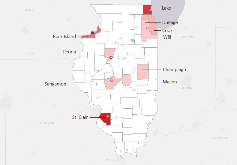 Map presenting top defense personnel spending locations within the state of Illinois with an overlay showing the positions of key military installations differentiated by service and active/reserve affiliation.