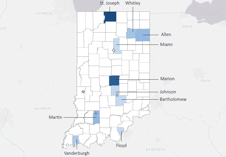 Map presenting top defense contract spending locations within the state of Indiana with an overlay showing the positions of key military installations differentiated by service and active/reserve affiliation.