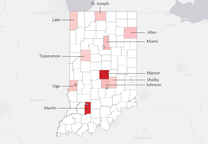 Map presenting top defense personnel spending locations within the state of Indiana with an overlay showing the positions of key military installations differentiated by service and active/reserve affiliation.