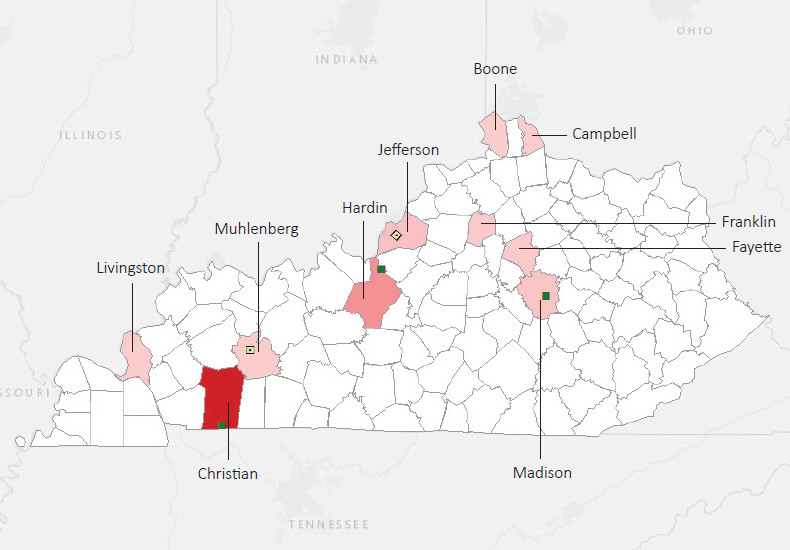 Map presenting top defense personnel spending locations within the state of Kentucky with an overlay showing the positions of key military installations differentiated by service and active/reserve affiliation.