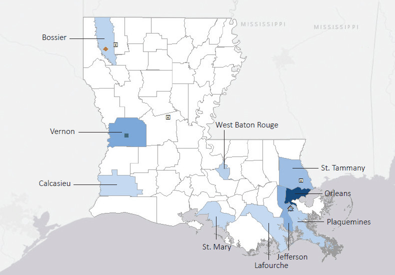 Map presenting top defense contract spending locations within the state of Louisiana with an overlay showing the positions of key military installations differentiated by service and active/reserve affiliation.