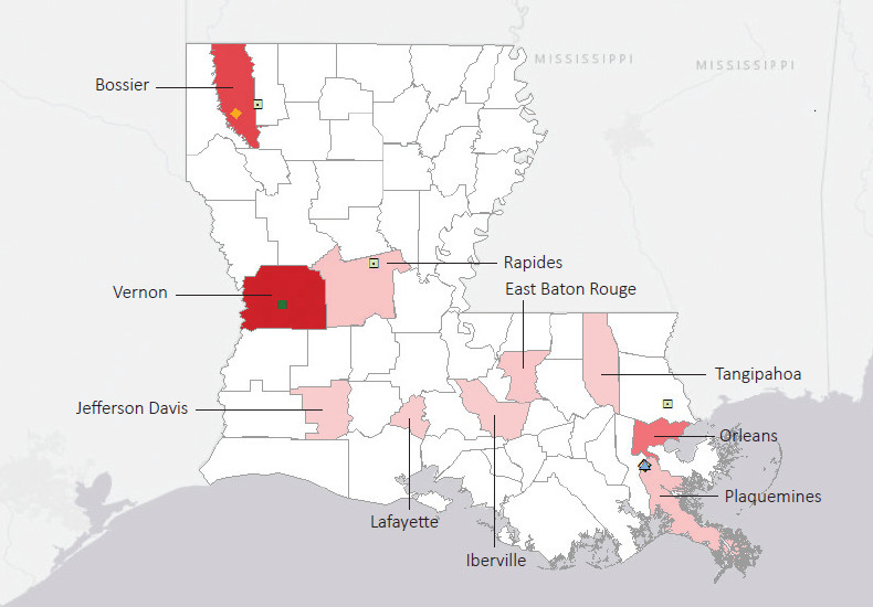 Map presenting top defense personnel spending locations within the state of Louisiana with an overlay showing the positions of key military installations differentiated by service and active/reserve affiliation.