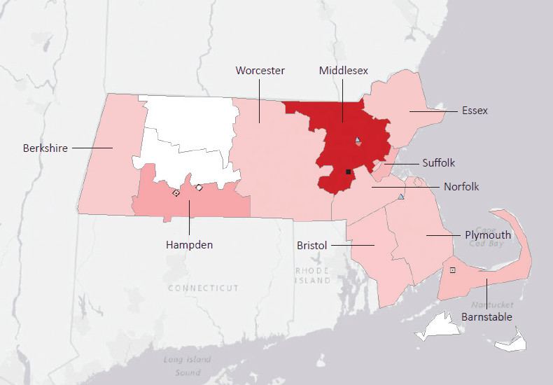 Map presenting top defense personnel spending locations within the state of Massachusetts with an overlay showing the positions of key military installations differentiated by service and active/reserve affiliation.