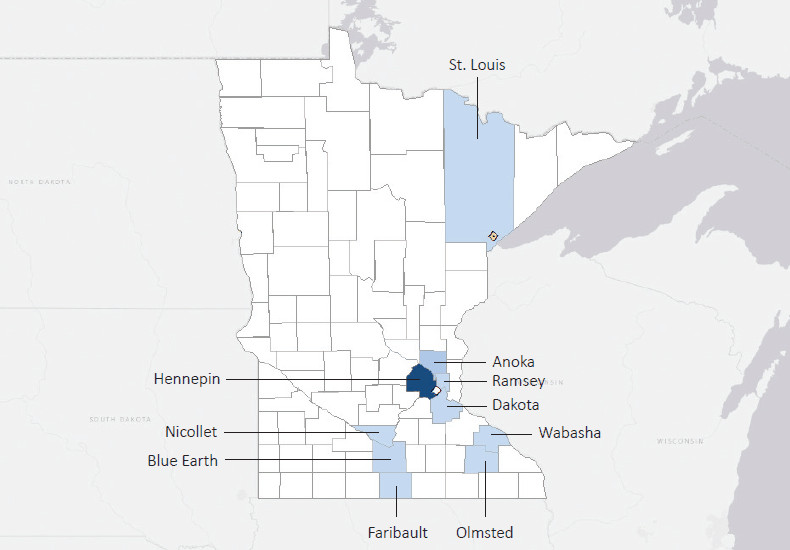 Map presenting top defense contract spending locations within the state of Minnesota with an overlay showing the positions of key military installations differentiated by service and active/reserve affiliation.