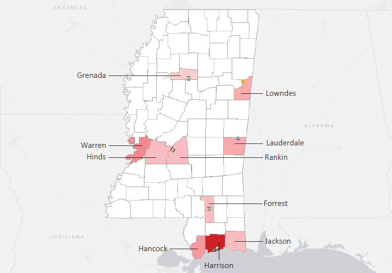 Map presenting top defense personnel spending locations within the state of Mississippi with an overlay showing the positions of key military installations differentiated by service and active/reserve affiliation.