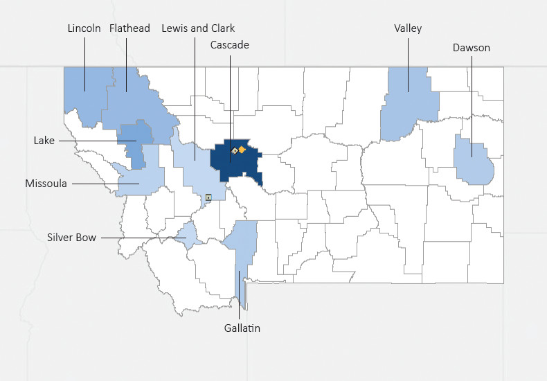 Map presenting top defense contract spending locations within the state of Montana with an overlay showing the positions of key military installations differentiated by service and active/reserve affiliation.