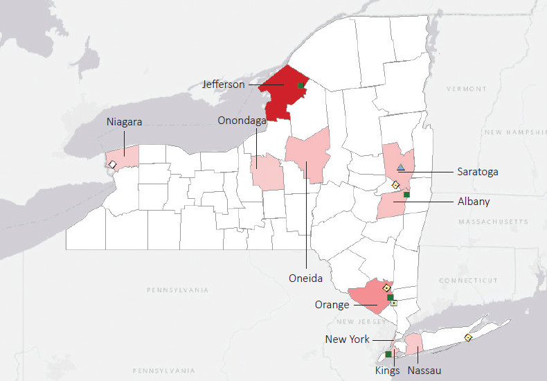 Map presenting top defense personnel spending locations within the state of New York with an overlay showing the positions of key military installations differentiated by service and active/reserve affiliation.