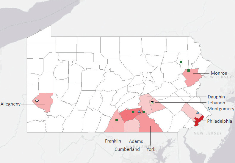 Map presenting top defense personnel spending locations within the state of Pennsylvania with an overlay showing the positions of key military installations differentiated by service and active/reserve affiliation.