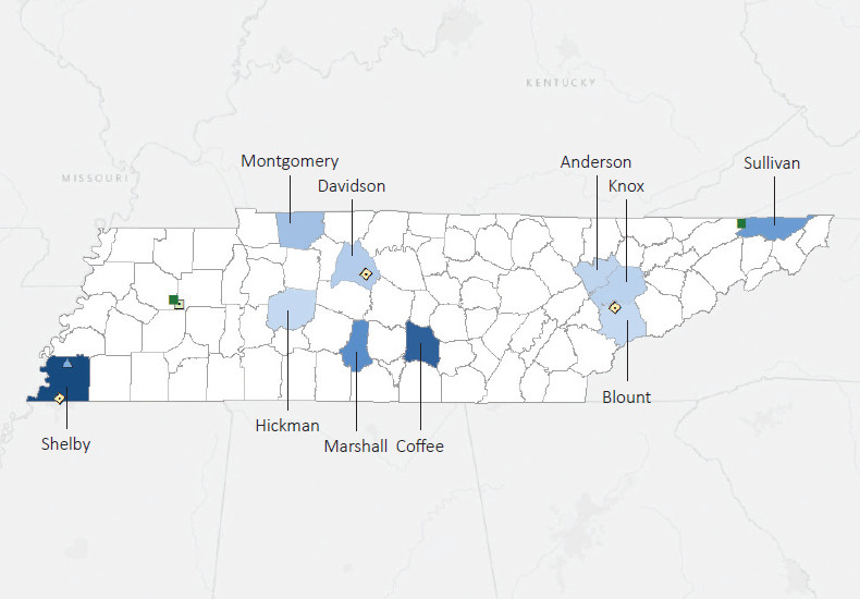 Map presenting top defense contract spending locations within the state of Tennessee with an overlay showing the positions of key military installations differentiated by service and active/reserve affiliation.