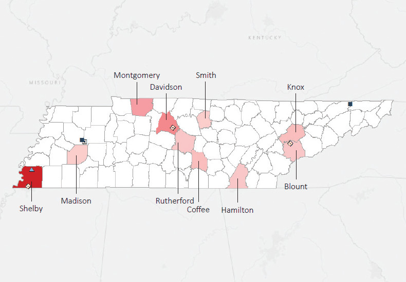 Map presenting top defense personnel spending locations within the state of Tennessee with an overlay showing the positions of key military installations differentiated by service and active/reserve affiliation.