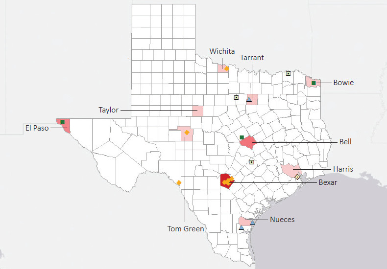 Map presenting top defense personnel spending locations within the state of Texas with an overlay showing the positions of key military installations differentiated by service and active/reserve affiliation.