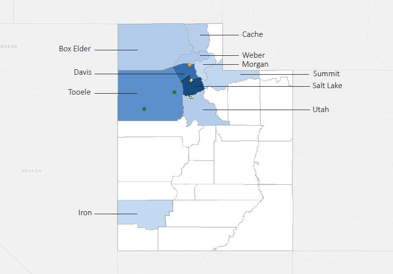 Map presenting top defense contract spending locations within the state of Utah with an overlay showing the positions of key military installations differentiated by service and active/reserve affiliation.