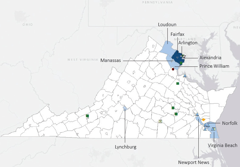 Map presenting top defense contract spending locations within the state of Virginia with an overlay showing the positions of key military installations differentiated by service and active/reserve affiliation.